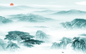 蓝色 中式客厅山水 TIF分层