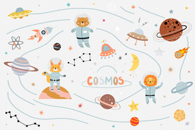 可爱动物宇航员卡通太空星球背景