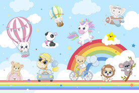 可爱动物卡通云朵彩虹气球背景墙