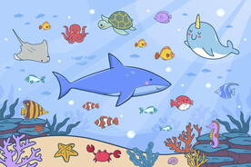 卡通海底手绘海豚珊瑚热带鱼背景