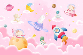 粉色星空卡通太空动物星球背景墙