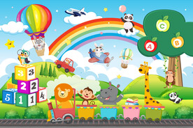 可爱动物卡通火车彩虹气球背景墙