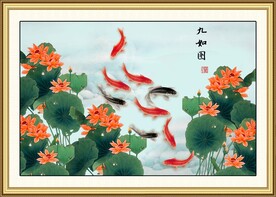 荷花九鱼图 