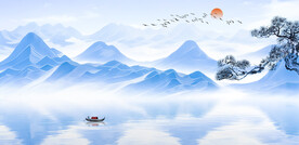 青花瓷山水画背景