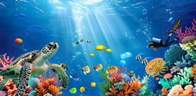 海洋世界海豚热带鱼珊瑚背景