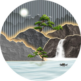 圆形山水立体层山迎客松画