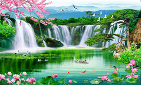 瀑布流水生财背景墙