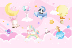 卡通粉色星空可爱动物儿童背景墙