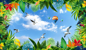 绿叶蓝天白云吊顶背景墙