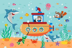 卡通潜艇海底世界鲨鱼儿童背景墙