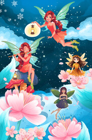 粉色花海精灵飞舞星空背景图