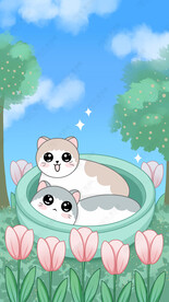 卡通手绘猫咪郁金香插画