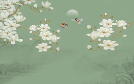 新中式山水玉兰花鸟画背景墙