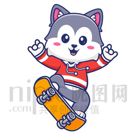 可爱卡通玩滑板的狼狗