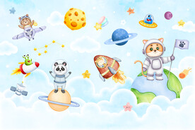卡通太空动物宇宙星球儿童背景墙