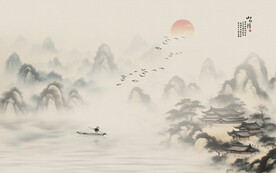 新中式水墨国画山水背景墙壁画