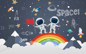 彩虹太空人儿童房背景墙