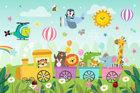 可爱动物小火车卡通彩虹气球背景