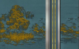 原创新中式复古山水楼阁背景墙壁