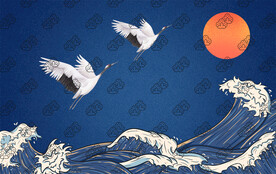国风国潮古风海浪仙鹤落日插画