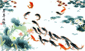 水墨荷花 九鱼图