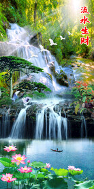 流水生财瀑布山水装饰玄关画