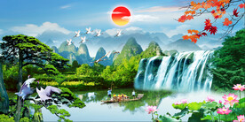 旭日东升瀑布山水画