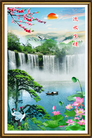 迎客松瀑布玄关山水画