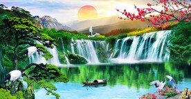 旭日东升迎客松山水画