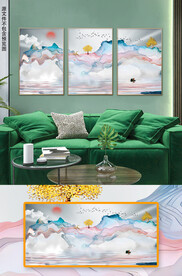 新中式金色发财树抽象线条装饰画