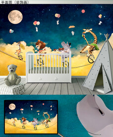 儿童房卡通动物背景墙