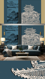 新中式轻奢楼阁山水背景轻奢壁画