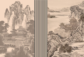 新中式轻奢楼阁山水背景轻奢壁画