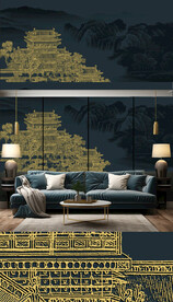 新中式轻奢楼阁山水背景轻奢壁画