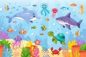 可爱海豚鲨鱼卡通海底动物背景墙