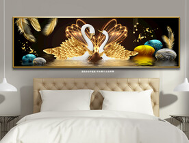 轻奢羽毛鹅卵石天鹅床头装饰画