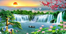 迎客松瀑布山水装饰画