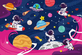 梦幻太空星球卡通宇航员火箭背景