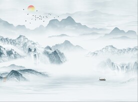 蓝调中式意境山水背景装饰画