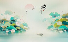 新中式手绘水墨荷花背景墙