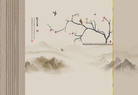 新中式工笔花鸟山水护墙板背景墙