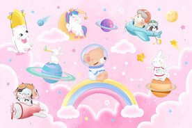 粉色可爱动物卡通彩虹星球背景墙