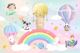 卡通彩虹气球可爱动物儿童背景墙