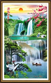 迎客松瀑布山水画