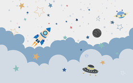 北欧卡通太空飞船儿童房背景墙