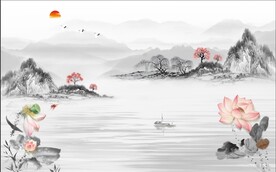 中式荷花背景装饰画