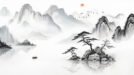 床头山水画背景墙