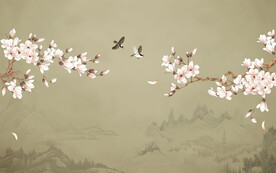 新中式玉兰工笔花鸟背景墙装饰画