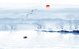 蓝色水墨山水背景墙画