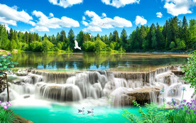 瀑布山水风景画背景墙